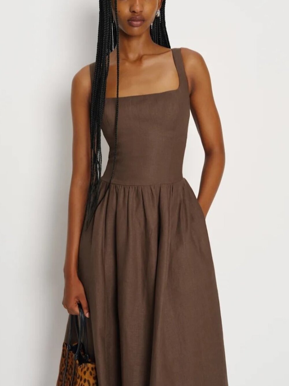 NEW Reformation Janu Square Neck Midi Linen Dress Chocolate Cake Brown US 0 UK 4 - Picture 2 of 11